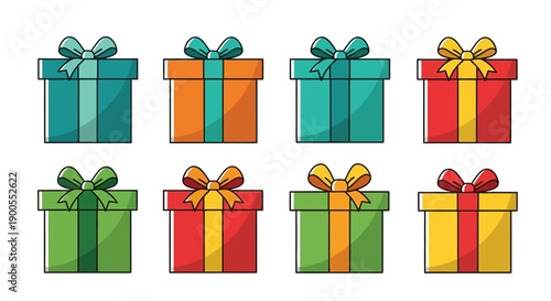 Collection of Colorful Gift Boxes with Ribbons and Bows, Isolated on White Background