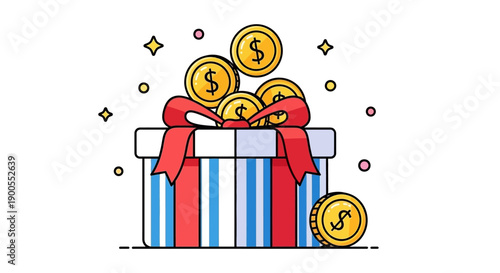 Gift Box Overflowing with Golden Coins and Red Ribbon, Representing Success