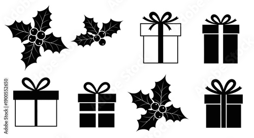 Christmas Gift Boxes and Holly Berries Icon Set - Black and White Vector Icons