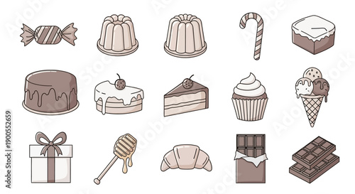 Sweet Delights Collection: Assorted Desserts, Candies, and Pastries in a Cute Illustration