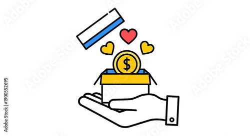Donation Concept: Hand Holding Box with Coin, Hearts and Credit Card for Charity