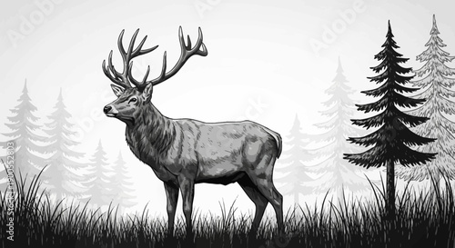 Majestic Stag with Large Antlers Stands in a Misty Forest Landscape with Pine Trees
