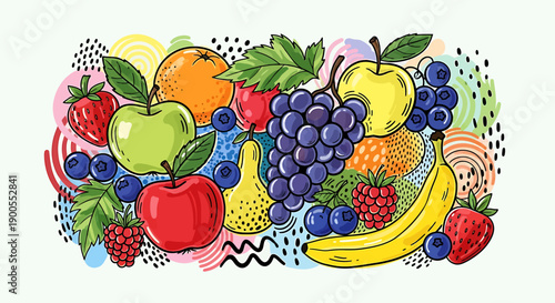 A vibrant and colorful assortment of fresh fruits, including apples, bananas, grapes, berries, oranges, and pears, arranged artfully with abstract graphic elements