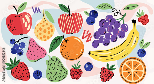 Vibrant Assortment of Fresh Fruits and Berries Collection on a Decorative Background