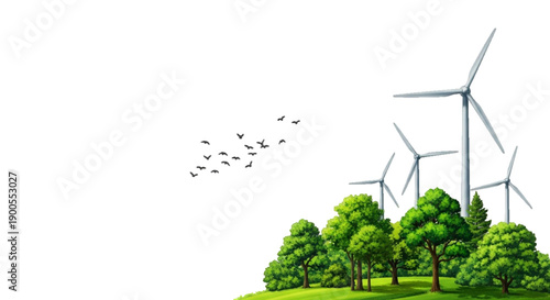 "Wind Turbines on Green Hills Vector Illustration on transparent Background": A direct, descriptive caption that explains the image content. Renewable Energy Landscape with Windmills and Trees., 
