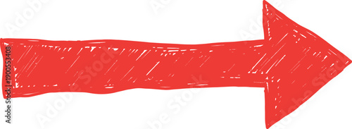 Energetic red arrow pointing right, hand-sketched with lively strokes on a white background, perfect for indicating progress or a positive path.