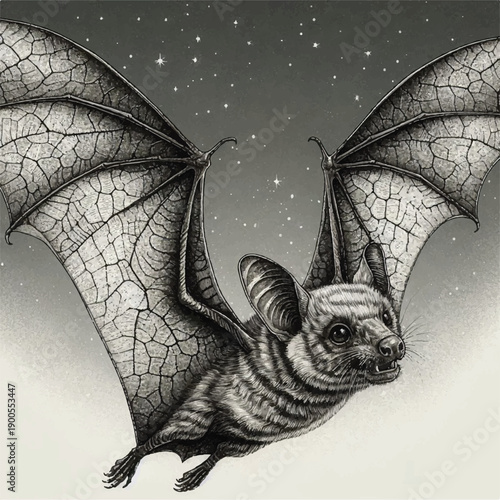 Vintage engraving style illustration of a bat flying in a starry night sky