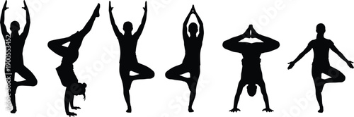 Set of yoga silhouettes with woman performing various asana poses, female figures in tree pose and handstand, wellness and fitness vector illustration