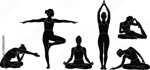 Set of yoga woman silhouettes, female figures practicing meditation and fitness poses, healthy lifestyle icons, zen wellness exercises, vector illustration, gym, yoga.