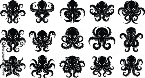 Set of 15 black silhouette vector illustrations of diverse octopus designs, showcasing intricate tentacles and mysterious underwater vibes.
