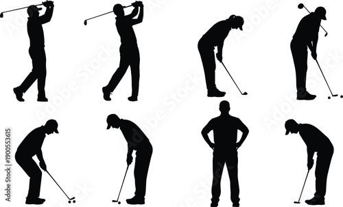 Set, of, golf, player, silhouettes, golfer, swing, pose, professional, athlete, putting, driving, action, sports, leisure, activity, game, isolated, vector, illustration, icons, graphics, character,