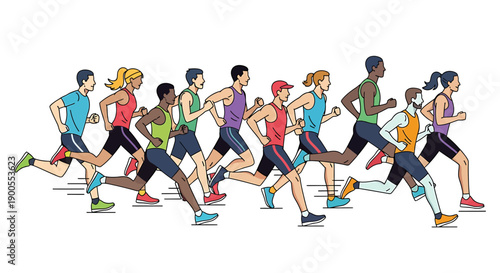 A diverse group of athletic individuals of various genders and ethnicities participating in a dynamic outdoor running race on a clear day