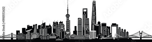 Shanghai China city skyline silhouette vector illustration, featuring Oriental Pearl Tower, financial district skyscrapers, bridges, and urban landmarks, isolated black cityscape design for SEO