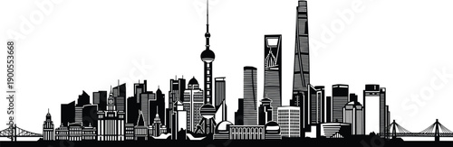 Photography Shanghai China city skyline silhouette vector illustration, featuring Oriental P