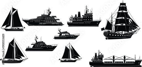 Ship, boat, yacht, sailboat, silhouettes, set, ocean, vessel, transport, maritime, nautical, cruise, cargo, marine, vector, illustration, isolated, icons, collection, water, transport,