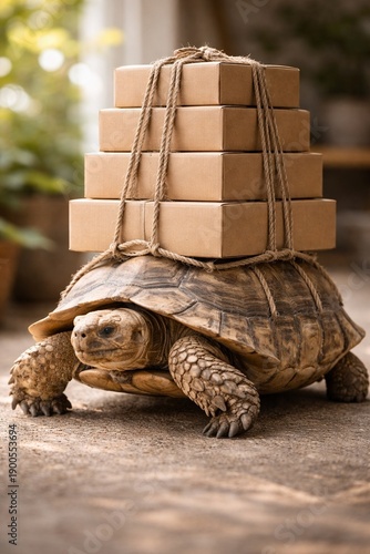 Wallpaper Mural Large Tortoise Carrying Stack of Cardboard Delivery Boxes Secured with Rope Torontodigital.ca