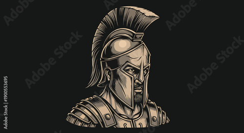 A striking illustration depicting a stoic warrior in ancient Roman or Greek-style armor and helmet, exuding strength and resilience, isolated on a dark background