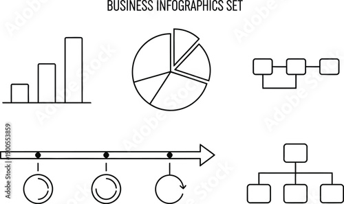 Collection of simple black line art business infographics featuring charts diagrams flowcharts and organizational structures for presentations