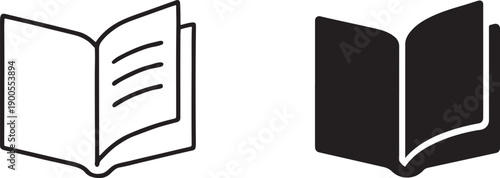 Opened book line icon and black silhouette for education, learning, library, study use.