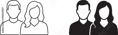 Man and woman black silhouette and outline icon for people, gender, profile design use.