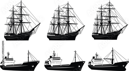 Silhouette collection of vintage sailing ships and modern cargo vessels, maritime transport icons set, nautical vessel vector illustration isolated on white background