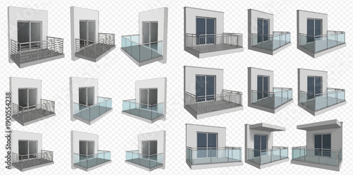 Set of modern balconies with various railings and designs isolated on transparent background.