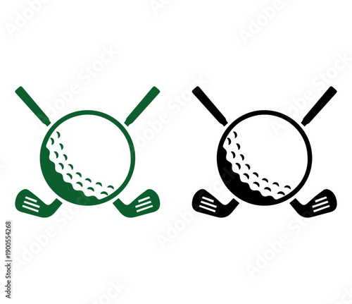 Golf ball with crossed clubs icons set, flat green and black emblem for golf course equipment and sports club vector illustration