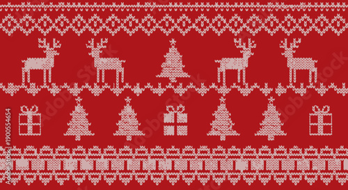 Red Christmas Sweater Pattern with Reindeer, Trees, and Gift Boxes, Festive Knitted Fabric Design