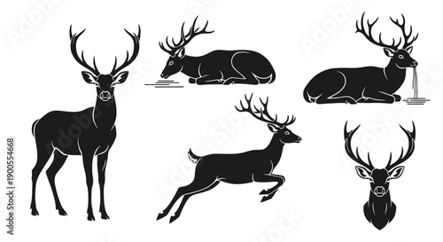 Set of Deer Silhouettes in Various Poses: Standing, Lying Down, and Jumping