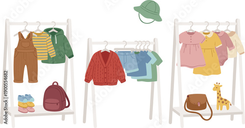 Kids clothing rack illustration set, baby outfits wardrobe accessories, flat vector, children fashion collection, isolated white background