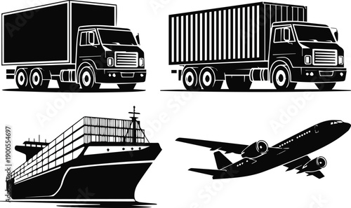 Global trade and logistics concept icons in monochrome