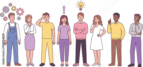 People thinking ideas illustration set, problem solving expressions characters, flat vector illustration, isolated white background, teamwork concept