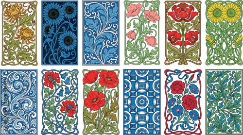 Floral art nouveau pattern tiles set, vintage botanical ornaments, decorative vector panels, colorful flowers, intricate lines, classic design
