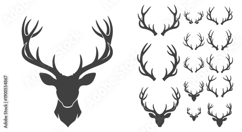 Collection of Deer Antlers and Head Silhouettes Vector Graphics