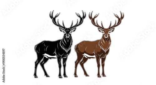 Two Majestic Stags with Large Antlers, One Black and One Brown, Standing Side by Side
