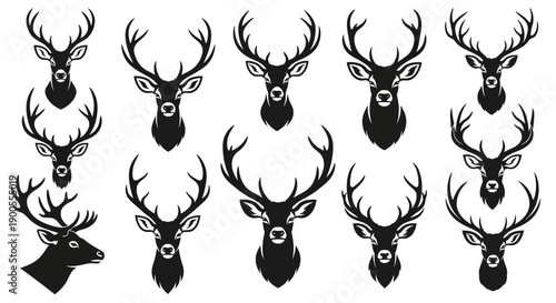Collection of Stylized Deer Head Silhouettes with Antlers - Vector Graphics