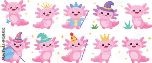 Cute axolotl cartoon set, pink fantasy characters costumes, kids illustration, flat vector, isolated white background, playful design