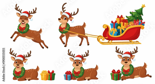 Cute Reindeer Characters with Christmas Gifts, Sleigh, and Christmas Tree Illustration