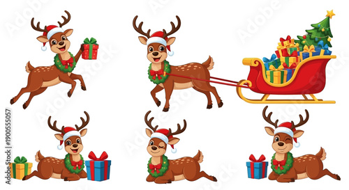 Christmas Reindeer Characters with Gifts, Sleigh and Christmas Tree on White