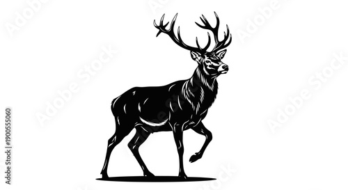 Majestic Stag with Impressive Antlers Standing Proudly in a Stylized Black and White Graphic
