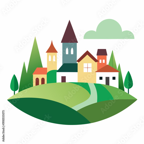 Colorful village on a hill with trees and a church houses
