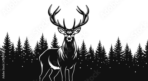 Majestic Stag with Antlers Standing in a Snowy Pine Forest at Night