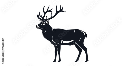 Majestic Stag Silhouette with Antlers Standing Proudly on White Background