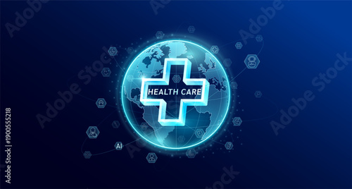 Plus sign or cross in blue transparent globe. Medical science icons surrounded. World future there is increasing importance placed on health care. Vector EPS10.