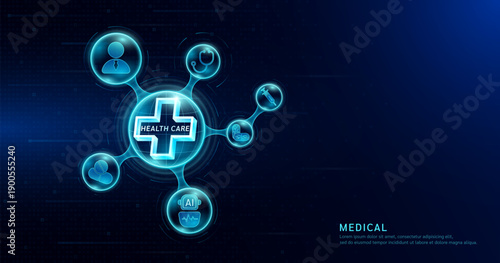 Medical science health care. Plus sign or cross inside transparent molecule with icons doctor pill syringe and Ai robot. On dark blue digital technology background. Vector EPS 10.