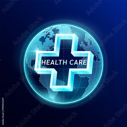 Medical science. Plus sign or cross in blue transparent globe. World future there is increasing importance placed on health care. Vector EPS10.