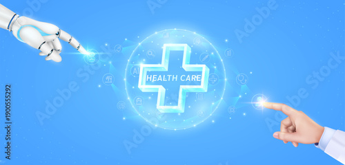 Health care technology digital. Plus sign or cross transparent in translucent dome with medical network icons. Cyborg human collaboration. Doctor robot finger touching plus sign AI. Vector EPS10.