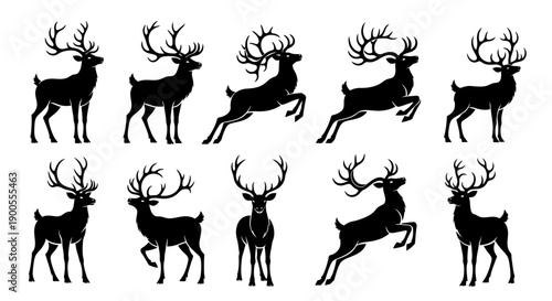 Silhouette Collection of Majestic Deer in Various Poses on a White Background