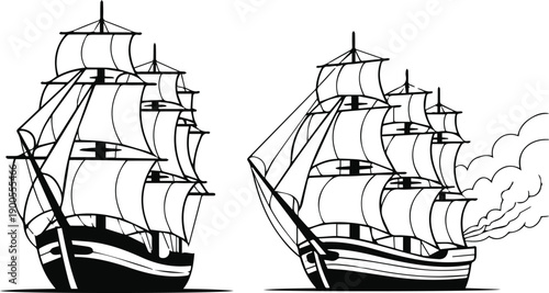 Two stylized sailing ships, one calm and one firing a cannon