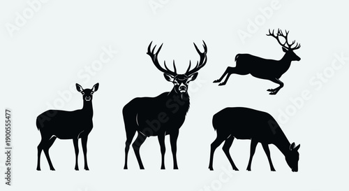 Diverse Deer Silhouettes in Various Poses on a Clean White Background